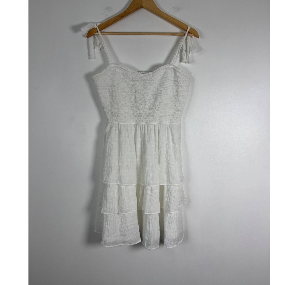Cottagecore Peach Love California Womens Large Mini Dress White Tiered Smocked‎